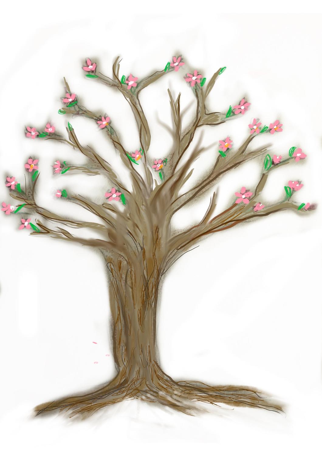 Zeichnung: Ein Baum mit rosa Blüten und frischen grünen Blättern an seinen Zweigen.