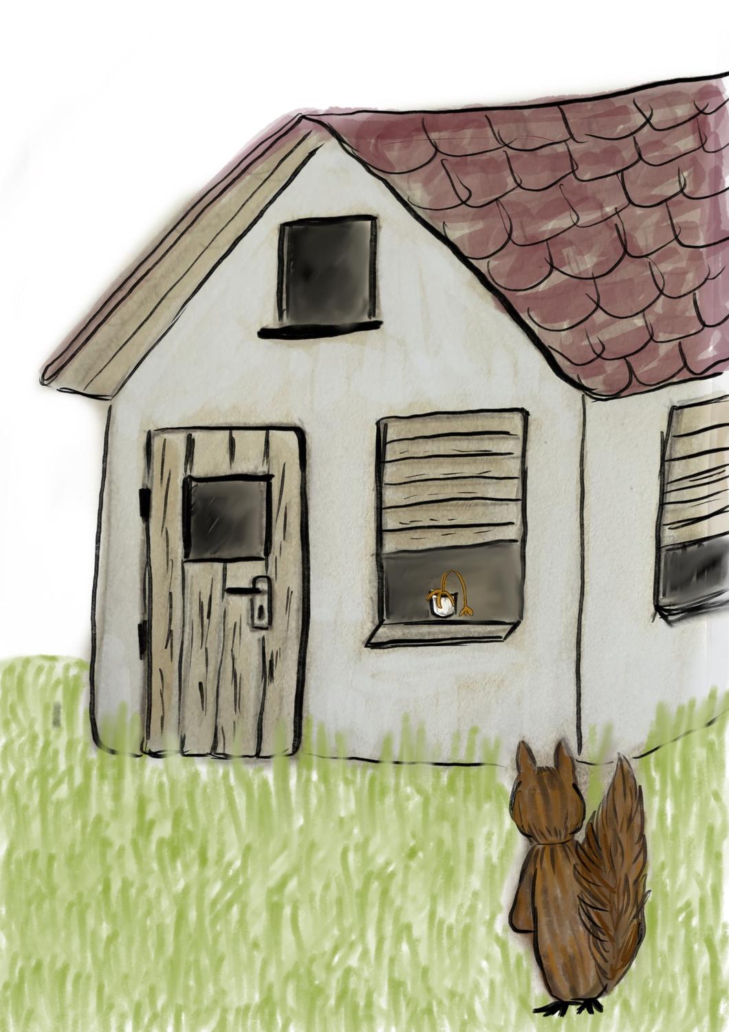 Zeichnung: Ein Eichhörnchen steht von hinten gesehen im Gras vor einem stillen Haus mit heruntergelassenen Rollläden; im Fenster hängt eine welke Blume.