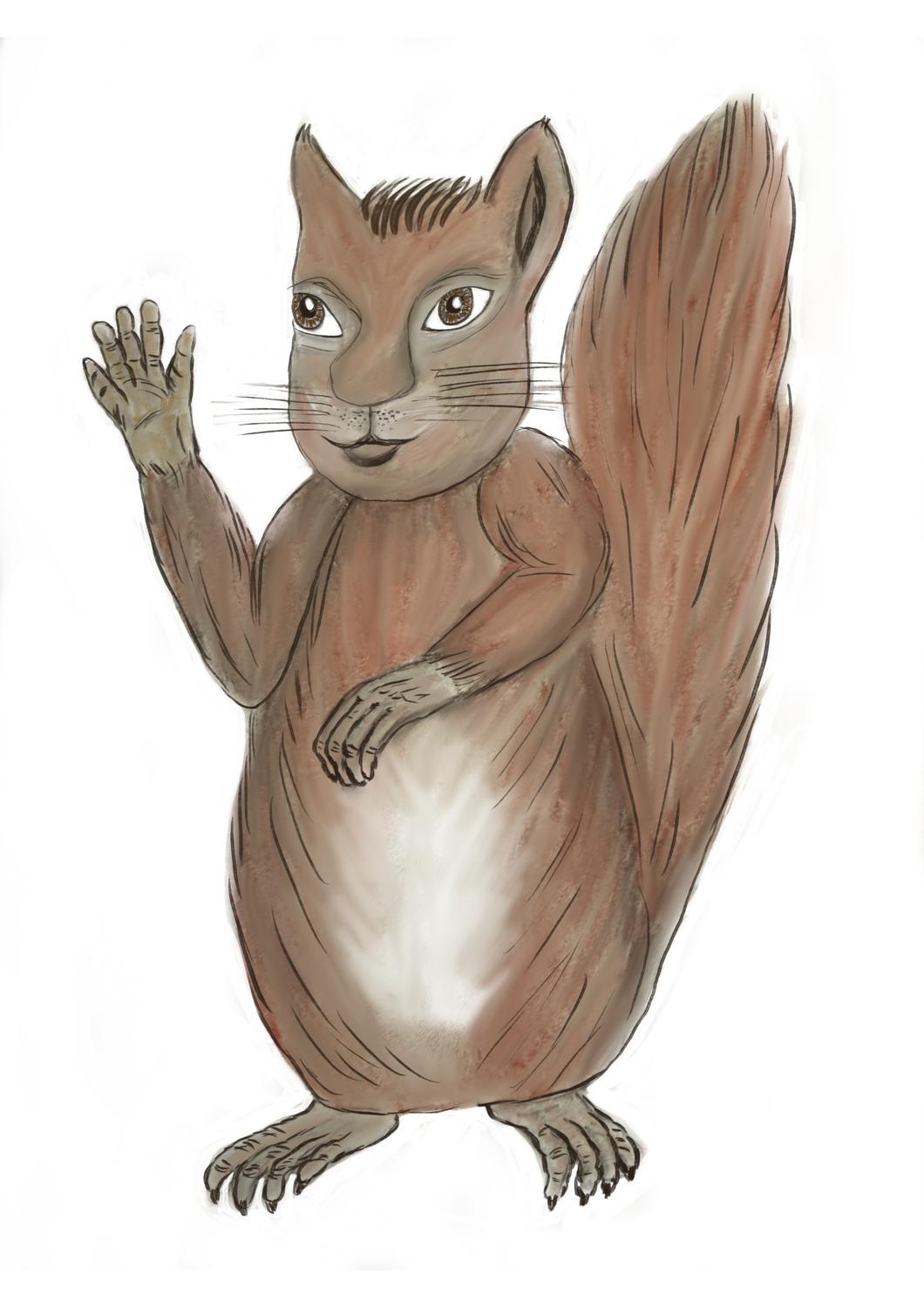 Zeichnung: Ein Eichhörnchen mit buschigem Schwanz steht aufrecht und winkt freundlich mit einer Pfote.