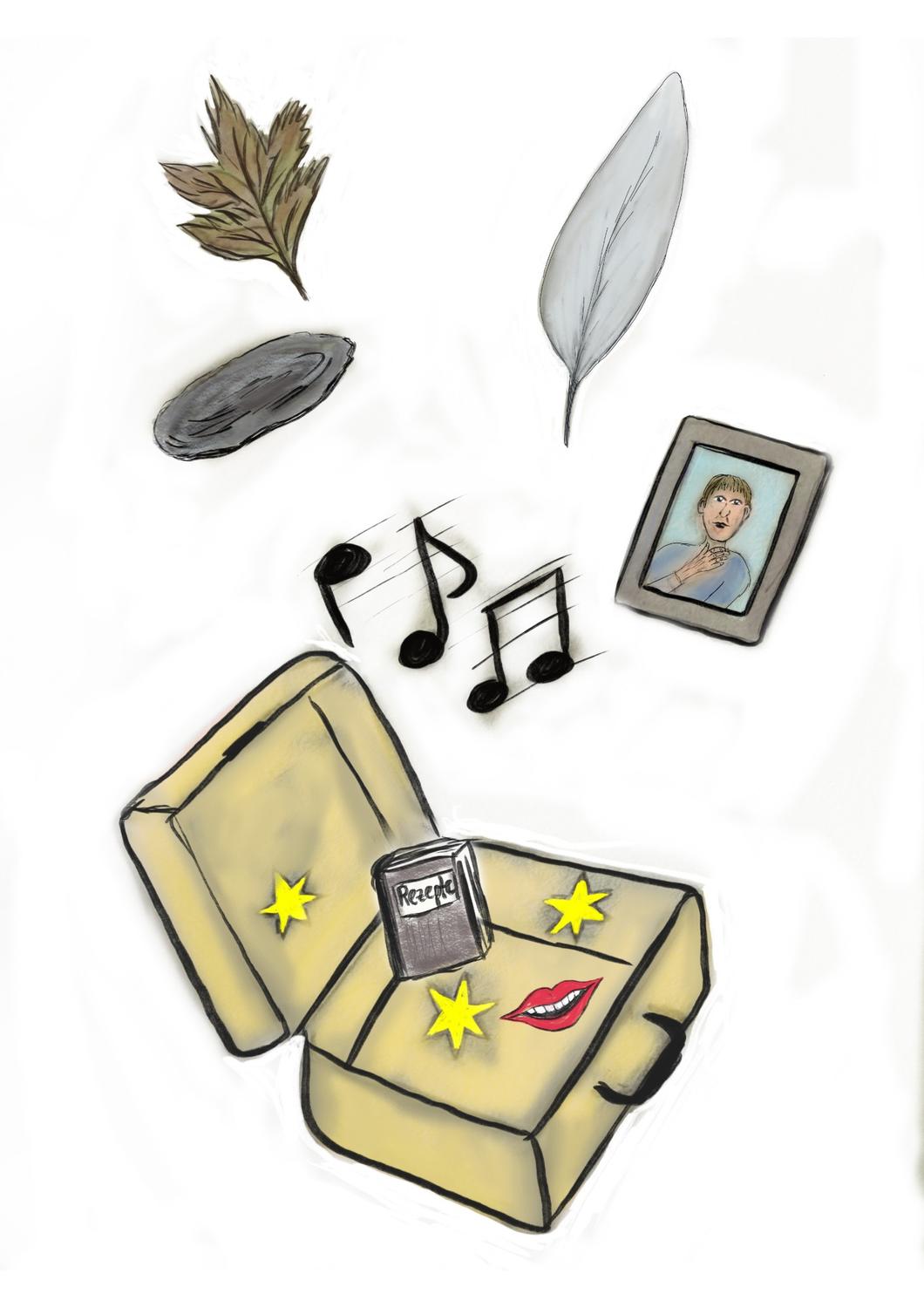 Zeichnung: Über einem geöffneten Koffer schweben ein Blatt, eine Feder, ein glatter Stein, ein gerahmtes Bild und Musiknoten; im Koffer liegen ein Rezeptbuch, Sterne und ein lachender roter Mund.