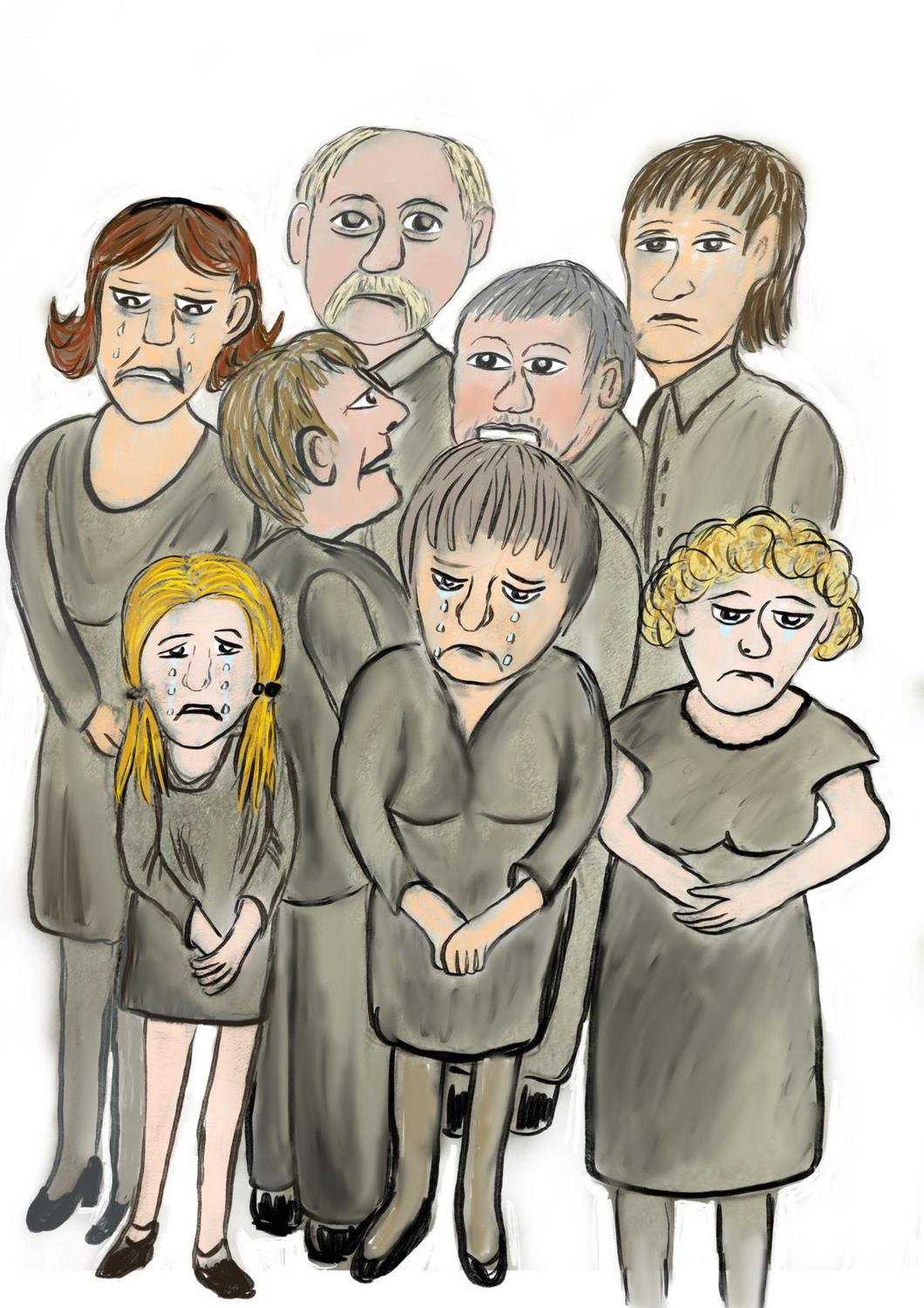 Zeichnung: Eine Gruppe Erwachsener und ein Mädchen in grauer Kleidung stehen dicht beieinander, viele von ihnen weinen.