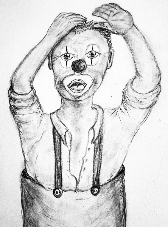Zeichnung: Ein Clown mit Hosenträgern legt beide Hände auf den Kopf und schaut mit offenem Mund staunend nach vorn.