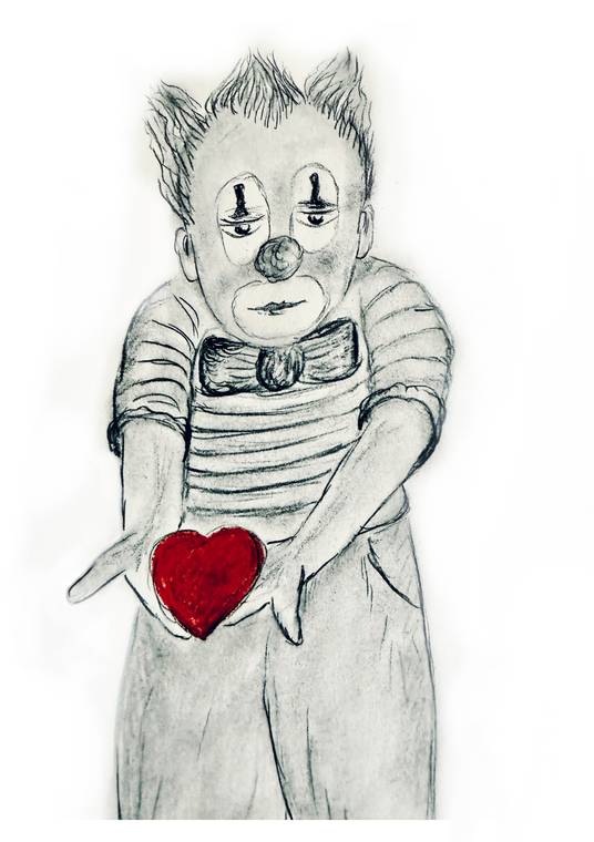 Zeichnung: Ein Clown im Ringelhemd hält ein leuchtend rotes Herz in den offenen Händen.