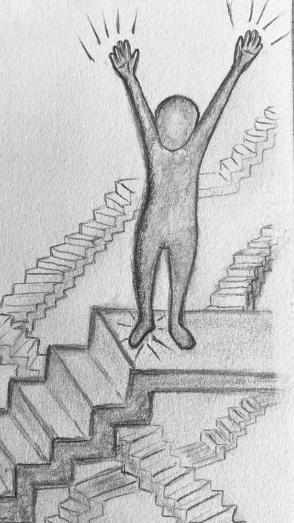 Zeichnung: Eine Gestalt steht mit hochgerissenen Armen oben auf einer Treppe, umgeben von vielen weiteren Treppen.