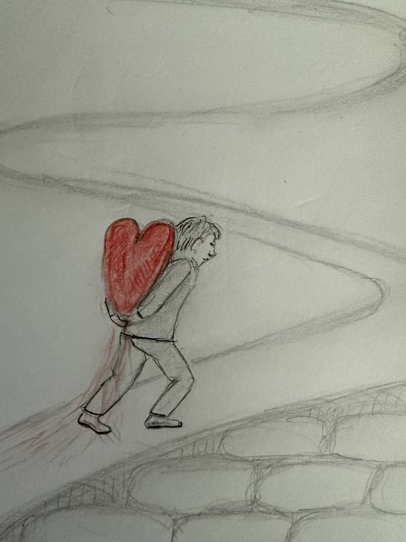 Zeichnung: Eine kleine Figur trägt ein grosses rotes Herz einen gewundenen Weg hinauf.