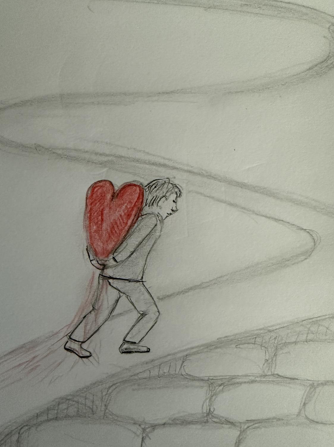 Zeichnung: Eine kleine Figur tr&auml;gt ein grosses rotes Herz einen gewundenen Weg hinauf.