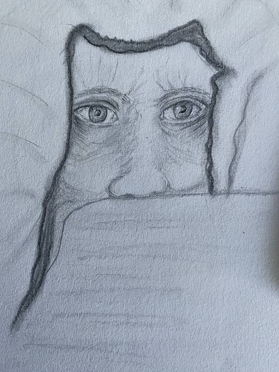 Zeichnung: Ein Augenpaar blickt durch eine Öffnung in einer dunklen Fläche hervor.