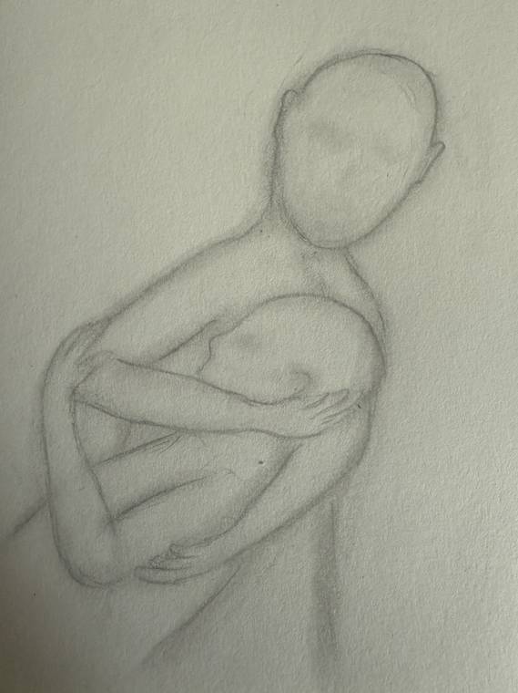 Zeichnung: Zwei Körper, ineinander gelegt: der eine hält den anderen wie ein Kind.