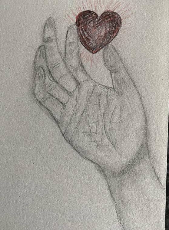 Zeichnung: Eine geöffnete Hand hält ein kleines rotes Herz, von dem Strahlen ausgehen.