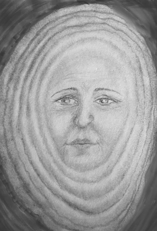 Zeichnung: Ein Gesicht, umgeben von konzentrischen Ringen wie in einem Holzquerschnitt.