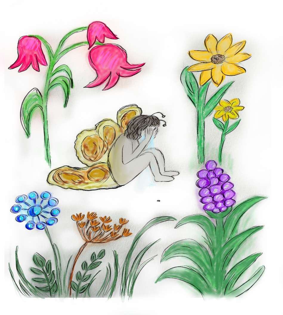 Zeichnung: Ein alter Schmetterling mit zerzausten gelben Flügeln sitzt zusammengekauert zwischen bunten Blumen.