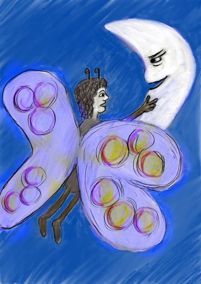 Zeichnung: Ein Schmetterling mit großen lila Flügeln streichelt vor tiefblauem Nachthimmel das Kinn einer lächelnden Mondsichel.