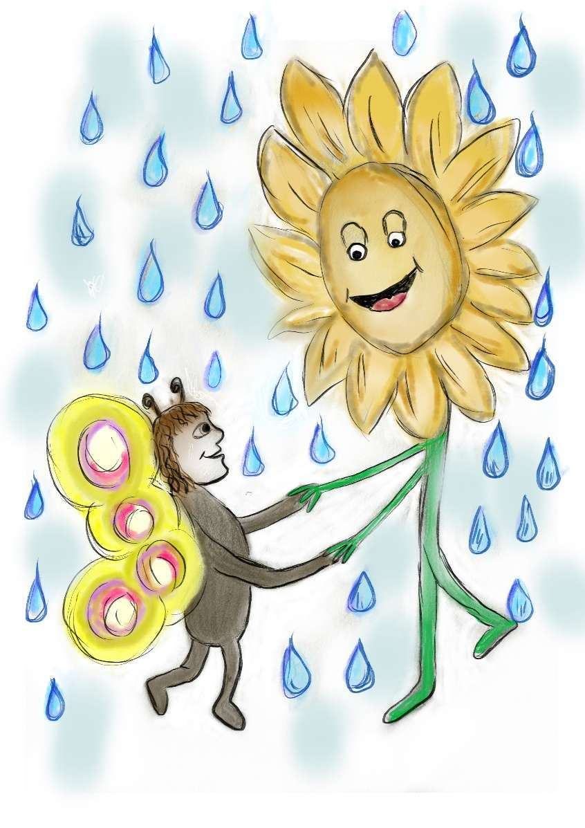 Zeichnung: Ein Schmetterling mit gelben Flügeln tanzt Hand in Hand mit einer lachenden Sonnenblume im Regen.