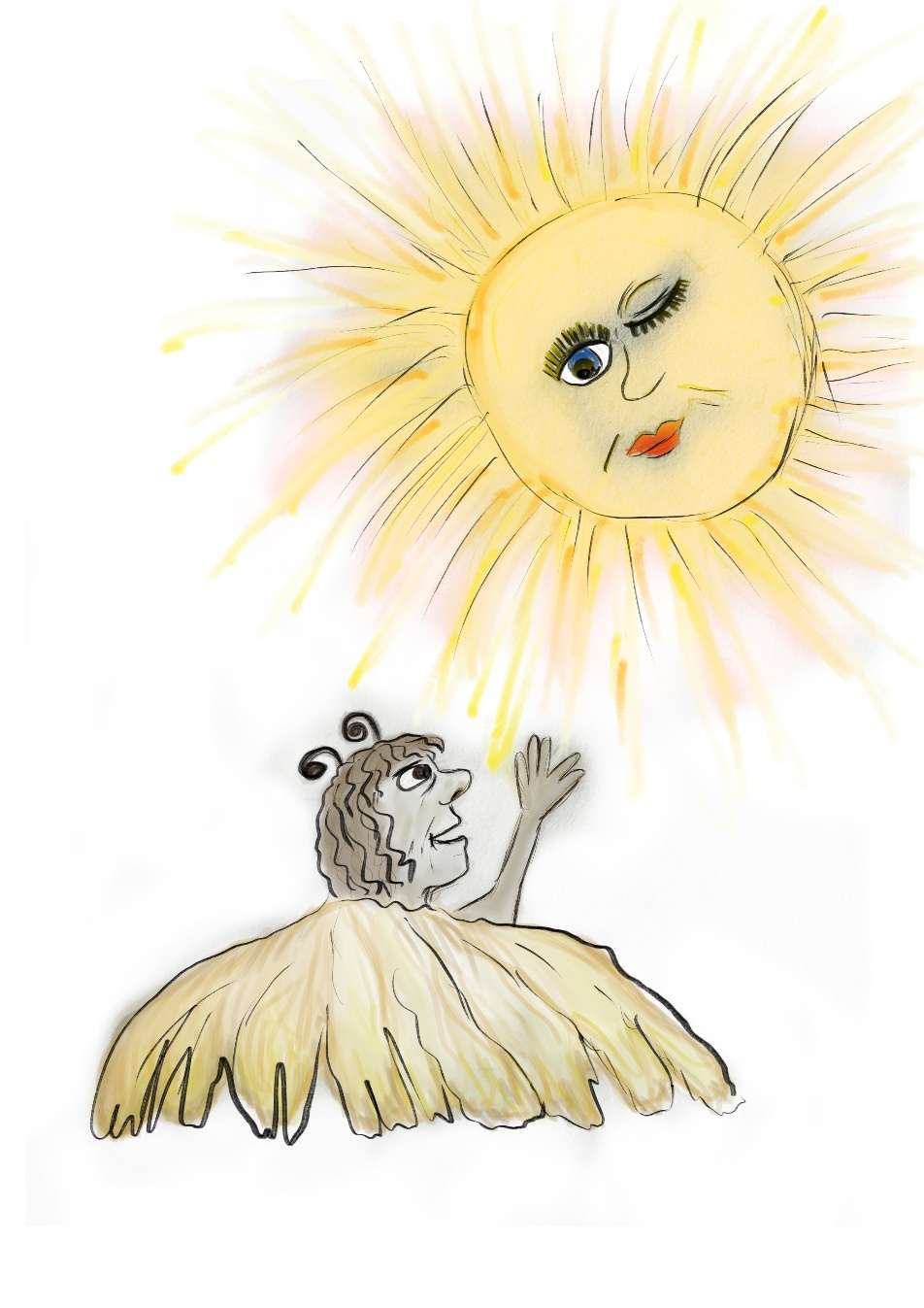 Zeichnung: Eine strahlende gelbe Sonne mit rotem Mund zwinkert einem Schmetterling zu, der ihr von unten zuwinkt.