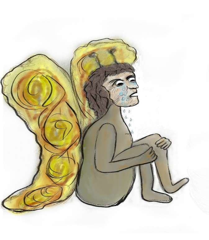 Zeichnung: Der alte Schmetterling sitzt mit angezogenen Knien da, Tränen laufen ihm über das Gesicht.