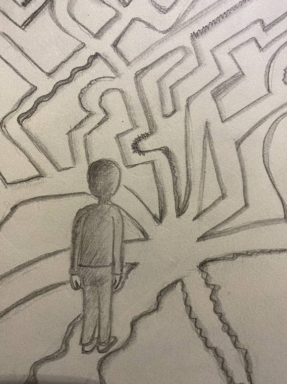 Zeichnung: Eine kleine Gestalt steht vor einem Labyrinth, aus dem Risse nach aussen laufen.