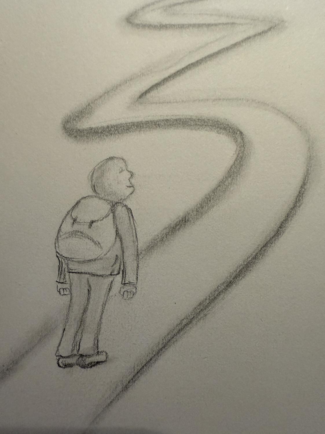 Zeichnung: Ein Kind mit Rucksack steht vor einem Weg, der sich in weiten Schleifen verliert.