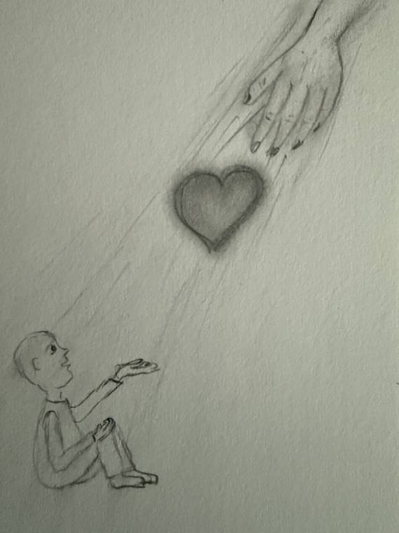 Zeichnung: Eine sitzende Figur greift nach einem Herz, das von einer Hand von oben gereicht wird.
