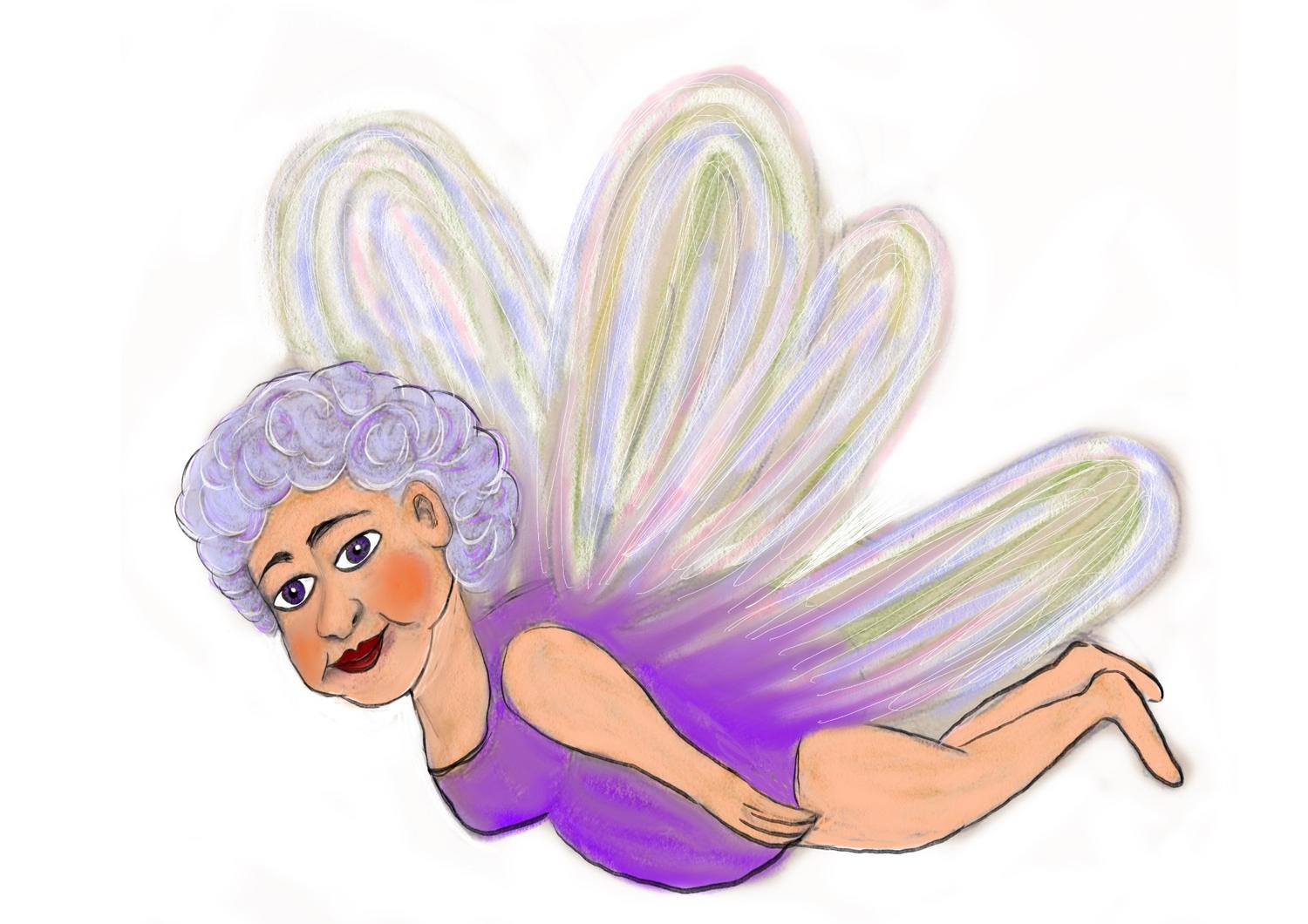 Zeichnung: Die rundliche Fee mit grauen Locken fliegt ausgestreckt nach vorn, die Flügel weit geöffnet.