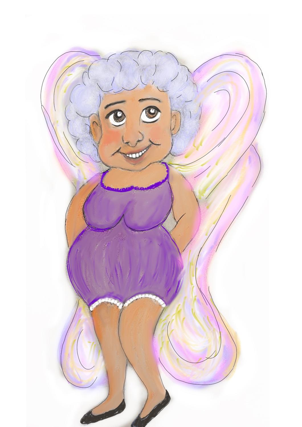 Zeichnung: Eine rundliche Fee mit grauen Locken, lila Kleid und zartrosa Fl&uuml;geln steht l&auml;chelnd da, die H&auml;nde hinter dem R&uuml;cken.