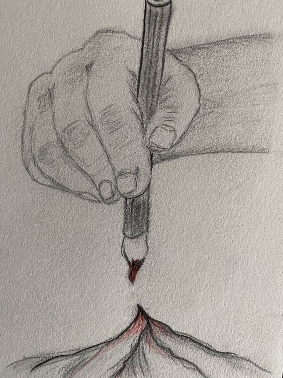 Zeichnung: Eine Hand führt einen Bleistift, aus dessen Spitze ein roter Strich wächst.