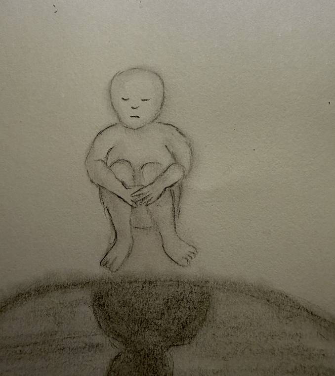 Zeichnung: Eine kauernde Figur auf einer Kuppe, darunter ein dunkler, verzerrter Schatten.