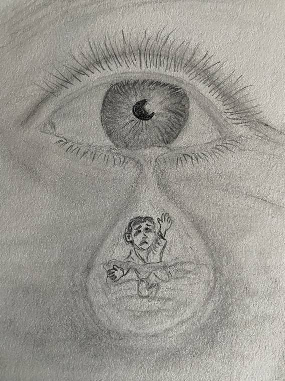 Zeichnung: Ein geöffnetes Auge, in dessen Träne eine kleine menschliche Figur sitzt.