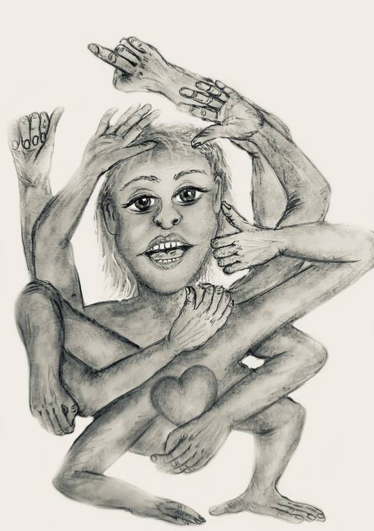 Zeichnung: Eine kauernde Figur, umfasst von vielen Armen und Händen, auf dem Bauch ein Herz.
